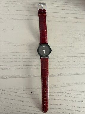Movado Women's Watch with Red Croc-Pattern Leather Strap and Black Dial